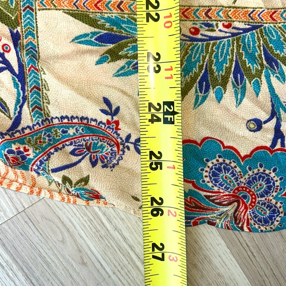 Rose & Olive Paisley Button-Up Shirt M Orange Boho Tie Knot Colorful Floral
